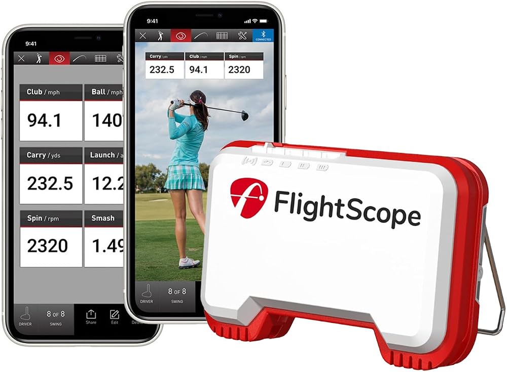 FlightScope Mevo+ launch monitor with the app on two phones