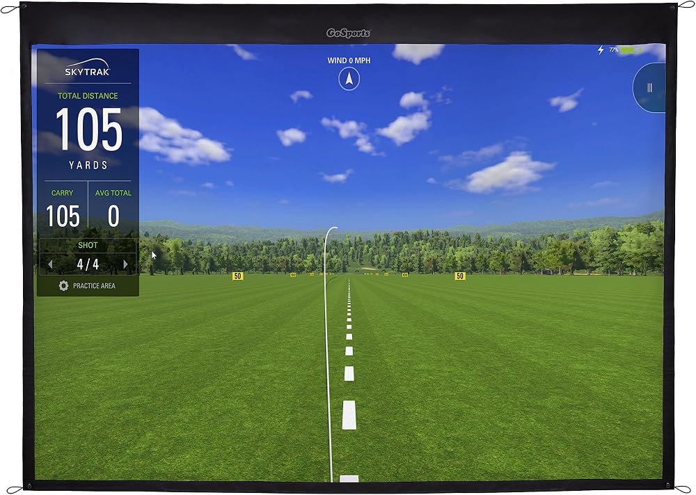 GoSports golf simulator impact screen showing a virtual driving range