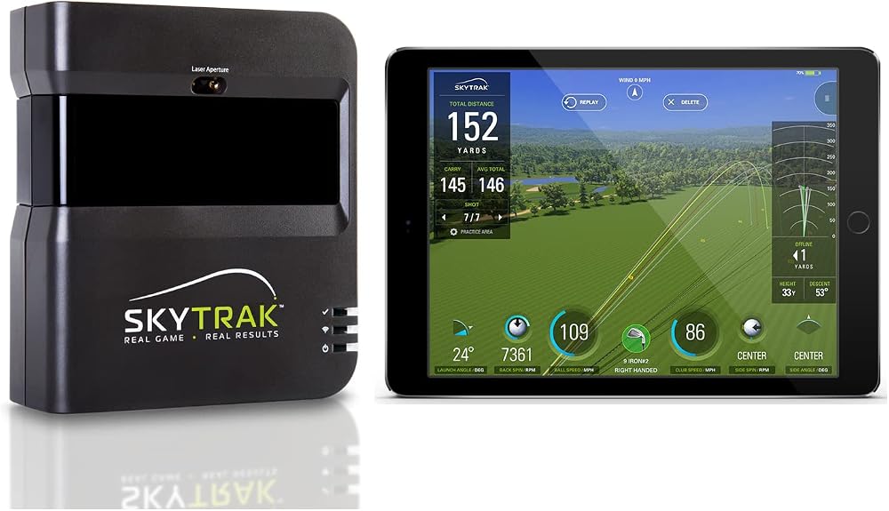 SkyTrak+ launch monitor beside a tablet showing shot data